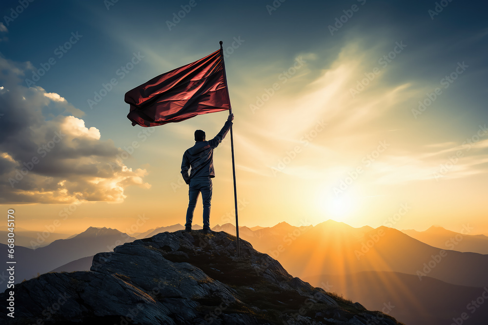 Businessman holding a flag on top of hill - obrazy, fototapety, plakaty 