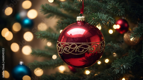 Christmas banner, holidays banner, christmas tree, Christmas balls, bokeh background