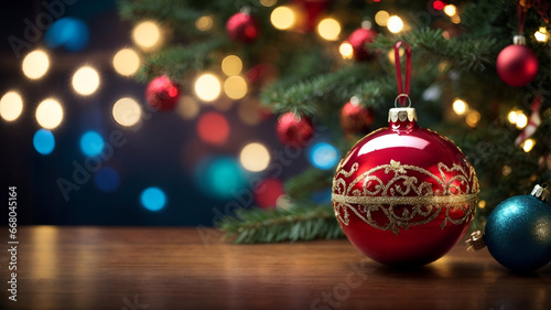 Christmas banner, holidays banner, christmas tree, Christmas balls, bokeh background