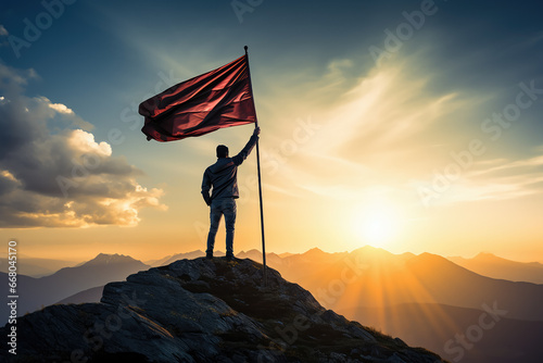 Businessman holding a flag on top of hill photo