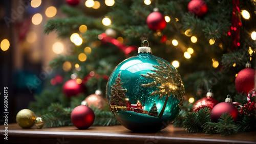 Christmas banner, holidays banner, christmas tree, Christmas balls, bokeh background