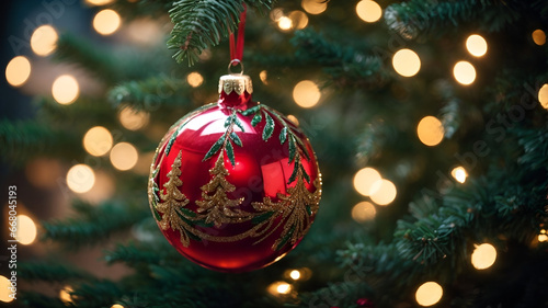 Christmas banner, holidays banner, christmas tree, Christmas balls, bokeh background