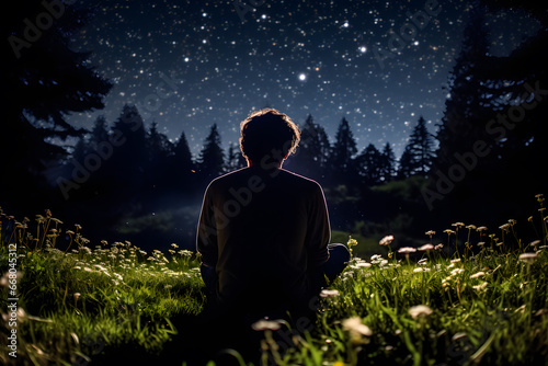 Man meditating on the meadow at night with starry sky