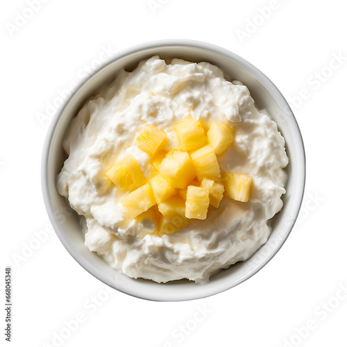 Top View of Cottage Cheese with Sliced Pineapple Isolated on Transparent or White Background, PNG