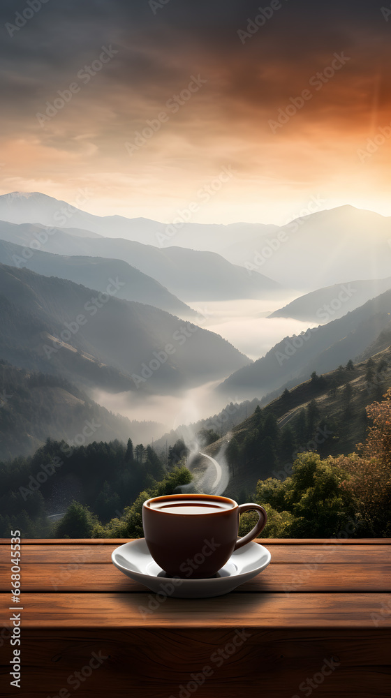 Cup of coffee on wooden table in front of beautiful mountain landscape
