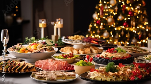 Christmas Dinner table full of dishes with food and snacks  New Year s decor with a Christmas tree on the background