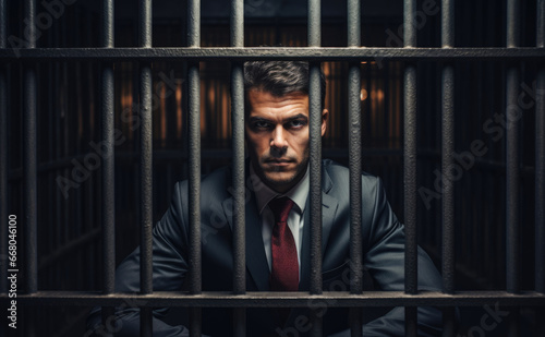 Arrested businessman in a prison cell in jail behind bars