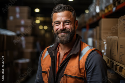 Portrait of a smiling man working in a warehouse © Larisa AI