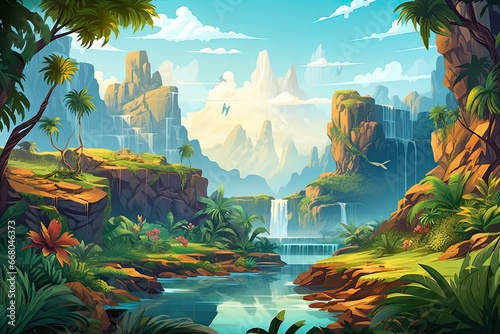 beautiful tropical nature landscape with waterfall illustration