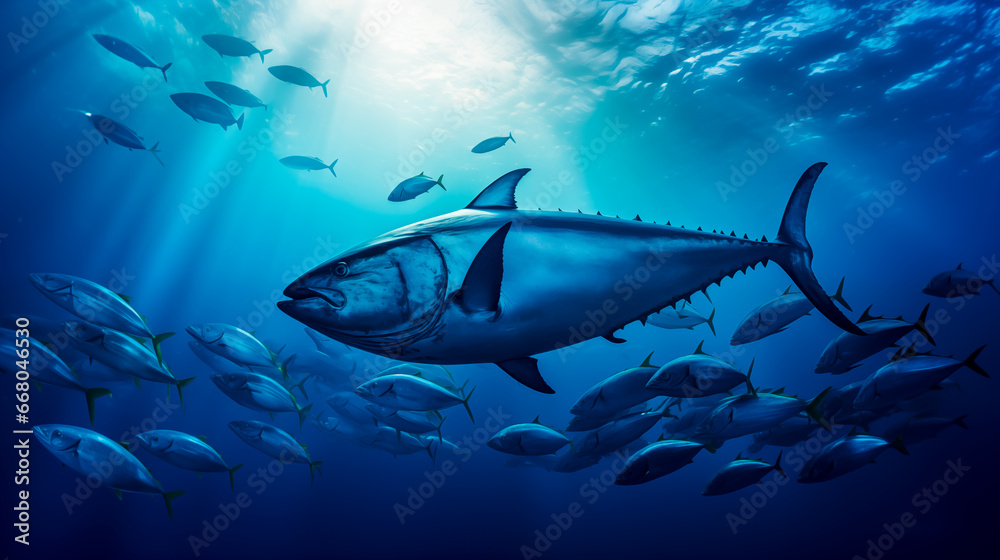 Fototapeta premium Large Tuna fish swimming in the ocean. Shallow field of view with copy space.