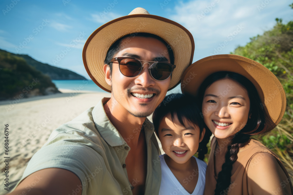 Selfie of young Asian family on sea or ocean beach on vacation