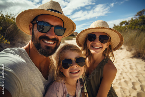 Selfie of father and daughters at the beach on vacation