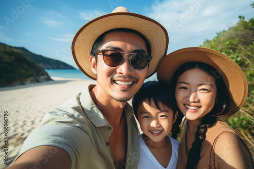 Selfie of young Asian family on sea or ocean beach on vacation © Michael