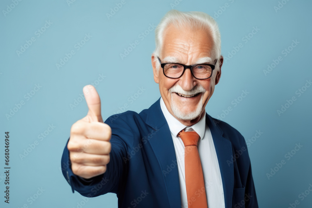 Positive senior man in a business suit show big thumbs up, like gesture Positive senior man in a business suit show big thumbs up, like gesture