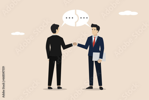 Businessman handshake by connecting speech bubble puzzle. Successful communication or discussion, business deal, employment contract agreement.