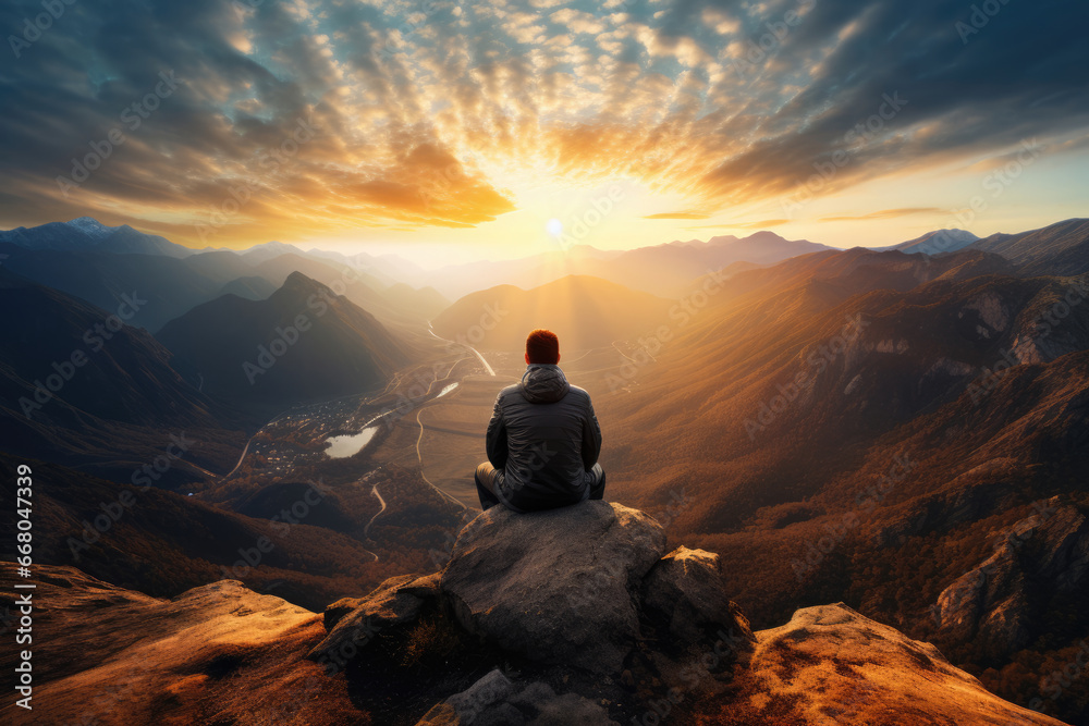Man meditating in the mountains at sunset, travel concept, harmony with nature