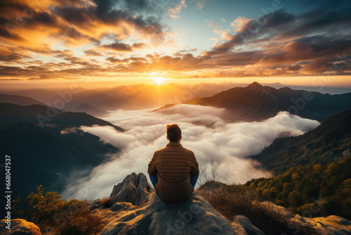man meditates on the top of a mountain, the concept of unity with nature, travel, vacation