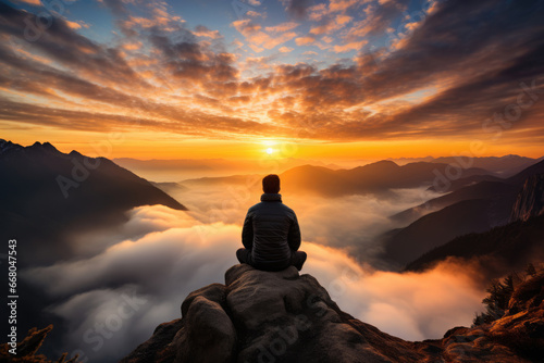 man meditates on the top of a mountain, the concept of unity with nature, travel, vacation
