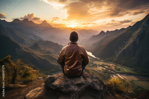 Male yogi meditating on top of a mountain © Michael