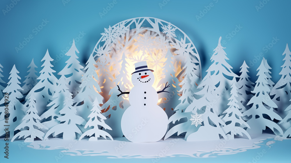 Obraz premium snow winter, a christmas tree, snow man, in white paper cut art