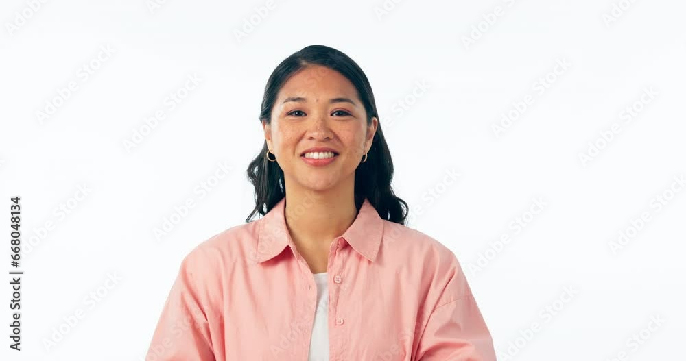 Thinking, idea and face of woman with wow solution in studio for strategy conclusion on white background. Questions, why and portrait of Asian female model with aha emoji, decision or hand choice Thinking, idea and face of woman with wow solution in studio for strategy conclusion on white background. Questions, why and portrait of Asian female model with aha emoji, decision or hand choice