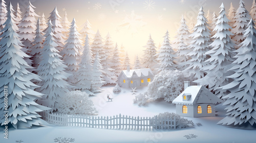 snow winter landscape, christmas tree, little house, in white paper cut art photo