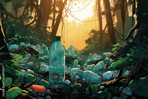 waste in the jungle landscape environmental pollution illustration