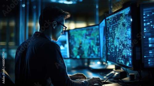 Programmer working in the server room