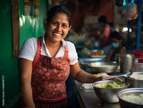 A smiling Hispanic woman making different street food on a selling market	 photo