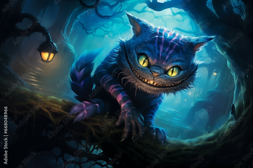 Cheshire cat smiling on a tree. Generative Ai Cheshire cat smiling on a tree. Generative Ai
