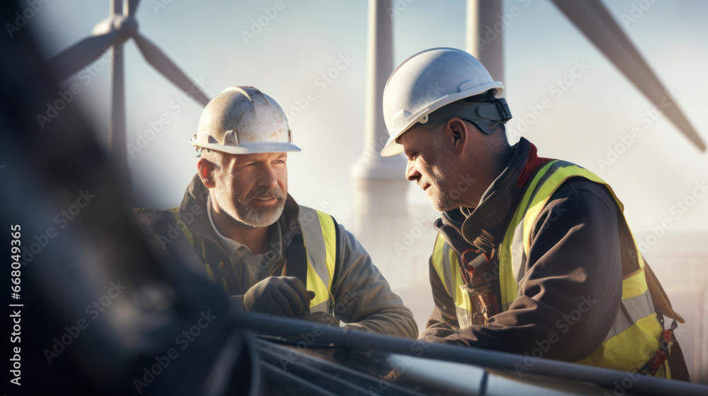 close-up two engineer operate wind turbine close-up two engineer operate wind turbine