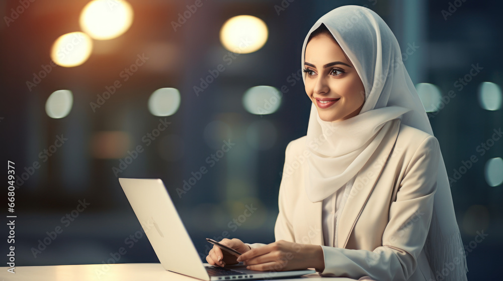 Dubai business woman working on the laptop in the white office - obrazy, fototapety, plakaty 