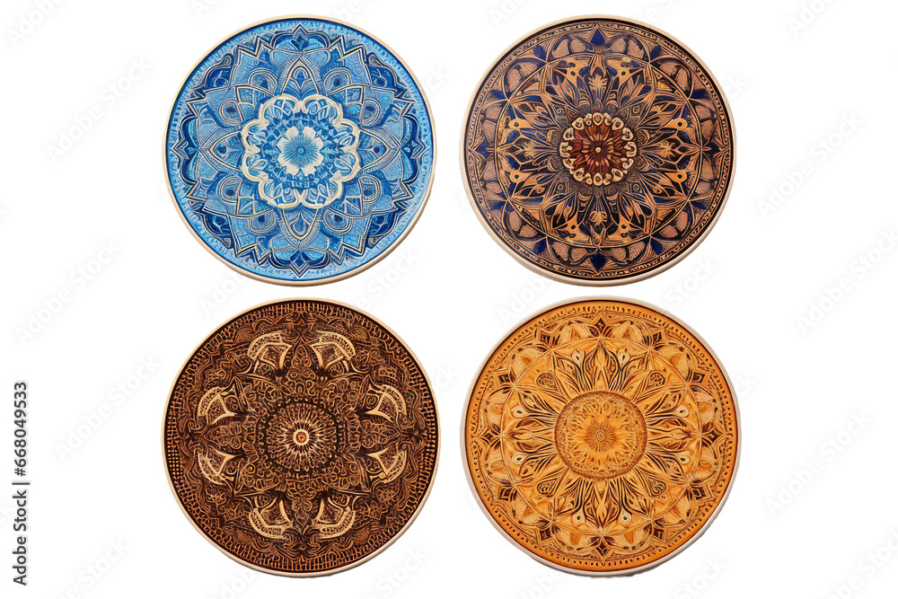 Decorative Ceramic Coasters with Intricate Patterns on transparent background.