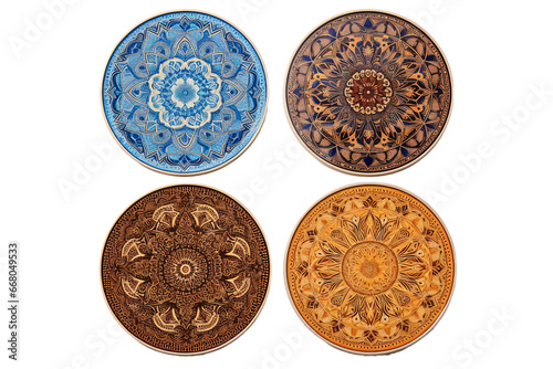 Decorative Ceramic Coasters with Intricate Patterns on transparent background.