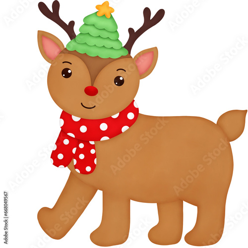 A watercolor reindeer wears a red polka dot scarf on his head and a Christmas tree hat