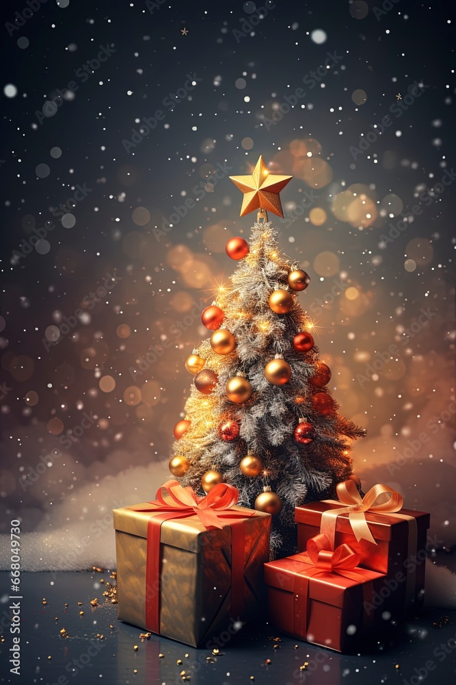 merry christmas background, tree and gift box , rendered in impressionism style, copy space, generative ai