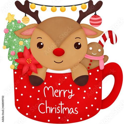Watercolor reindeer in a red glass inside the glass is gingerbread, a Christmas tree, a candy cane, and Poinesettia