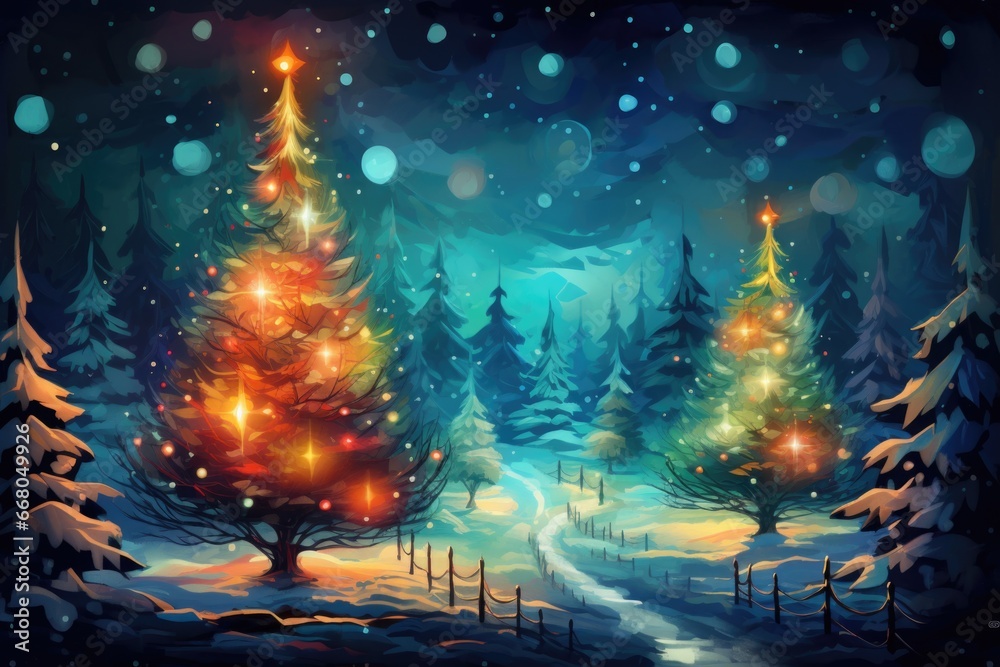 Magical forest with christmas trees and lights Magical forest with christmas trees and lights