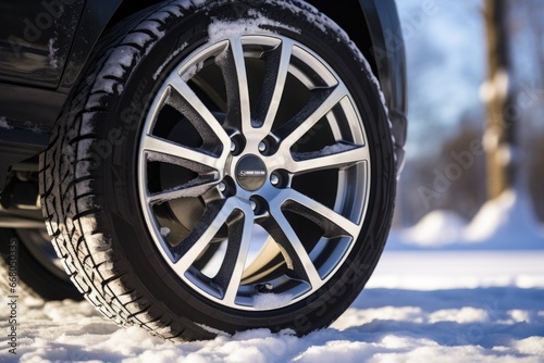 View of car tires in winter on the road covered by snow