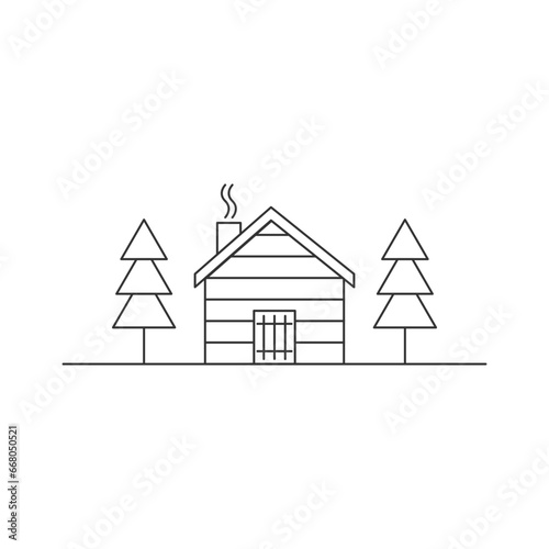 wood cabin wood house with trees icon