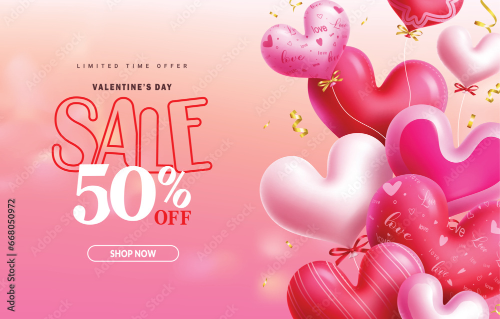Valentine's day sale text vector banner. Happy valentine's day limited time offer discount card with bunch of hearts balloons decoration elements. Vector illustration hearts day shopping promo design.