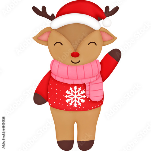 Watercolor reindeer wearing a red sweater wearing a pink scarf and wearing a Santa hat