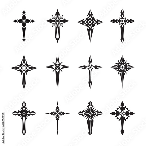 Christian cross vector icon symbols.  Abstract christian religious belief or faith art illustration for orthodox or catholic design. The symbol of the cross in various designs used in tattoo.	