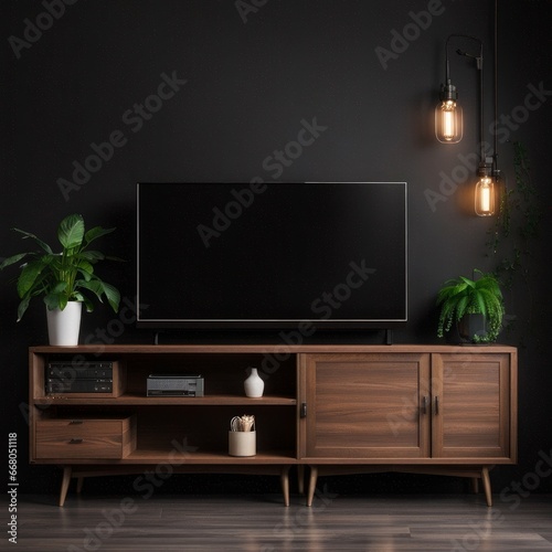 Cabinet TV in empty interior room ,dark wall with wood shelf,lamp ,plants and table wood, Generative AI