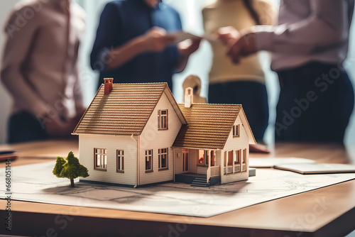 Real estate agent or realtor signing mortgage agreement for new home with couple of happy young clients. Concept of home loan and buying own property. Close up of miniature house.
