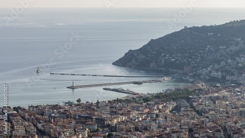 Aerial view of alanya and harbour with ships. Time-lapse.