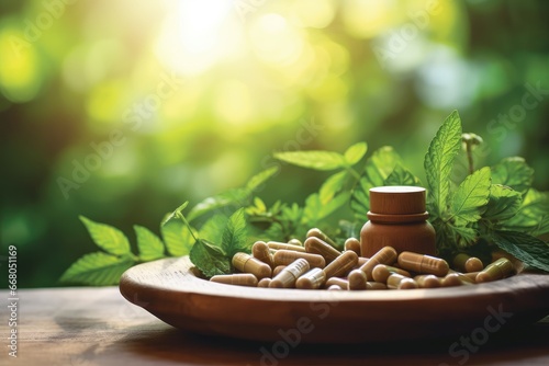 Natural Supplements - Herbal Capsules in a Wooden Bowl - AI Generated photo