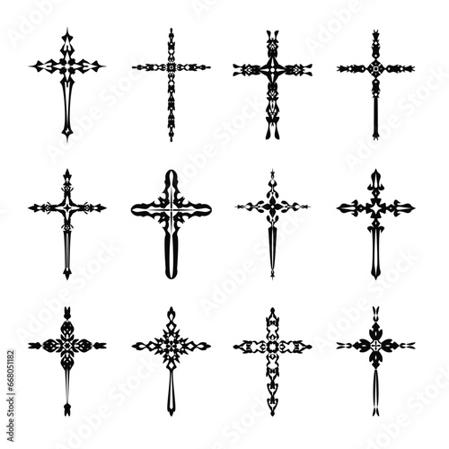 Christian cross vector icon symbols.  Abstract christian religious belief or faith art illustration for orthodox or catholic design. The symbol of the cross in various designs used in tattoo.