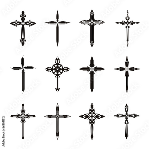 Christian cross vector icon symbols.  Abstract christian religious belief or faith art illustration for orthodox or catholic design. The symbol of the cross in various designs used in tattoo.	