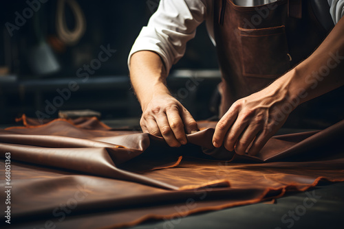 Closeup of a young man in apron and brown apron working in leather workshop